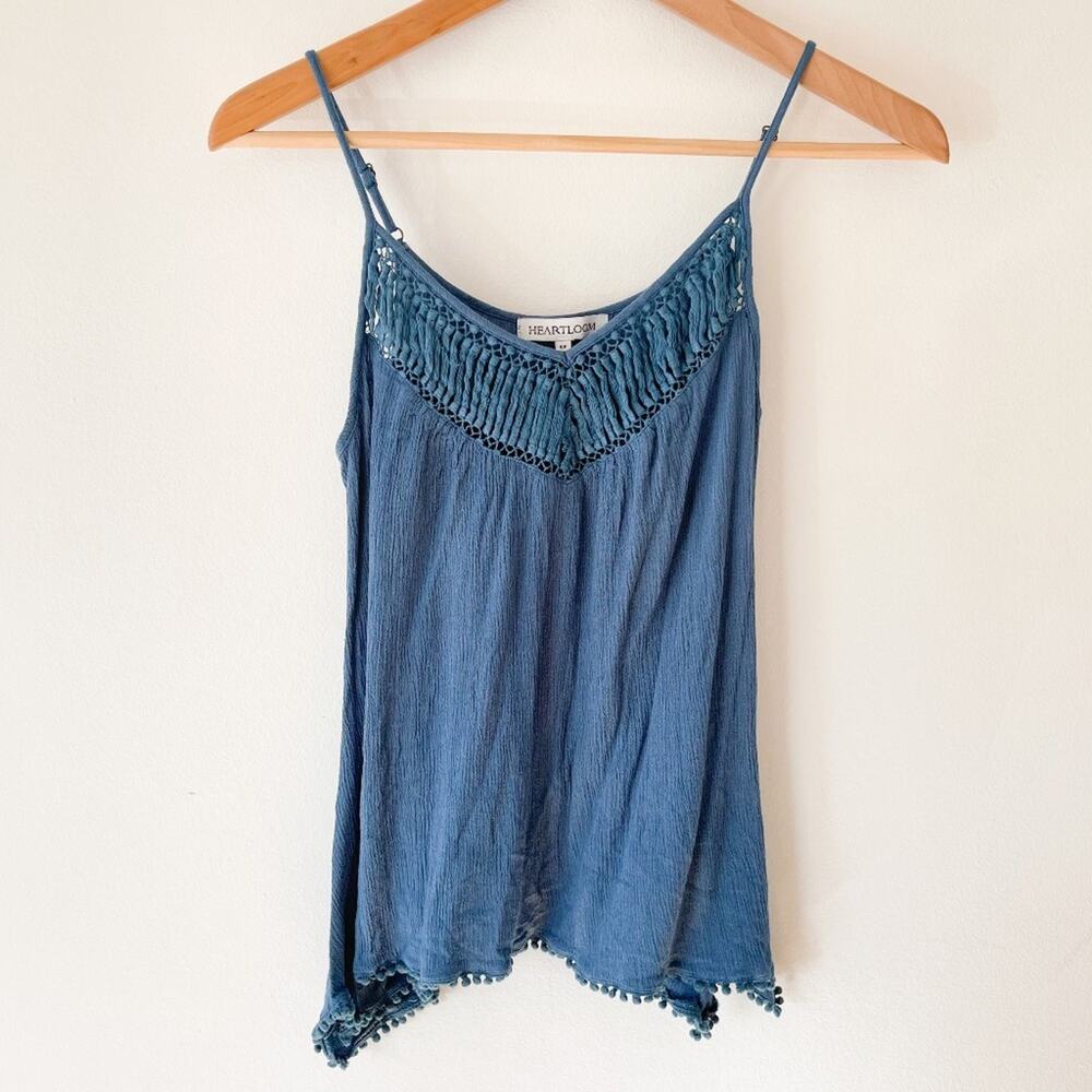 Heartloom Crochet Tank Top Womens Small Blue Sleeveless Tassel Boho Peasant